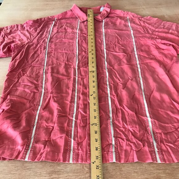 Caribbean Shirt Men 2X Coral Pink Striped Silk Cotton Button Up Short Sleeve - Picture 5 of 11